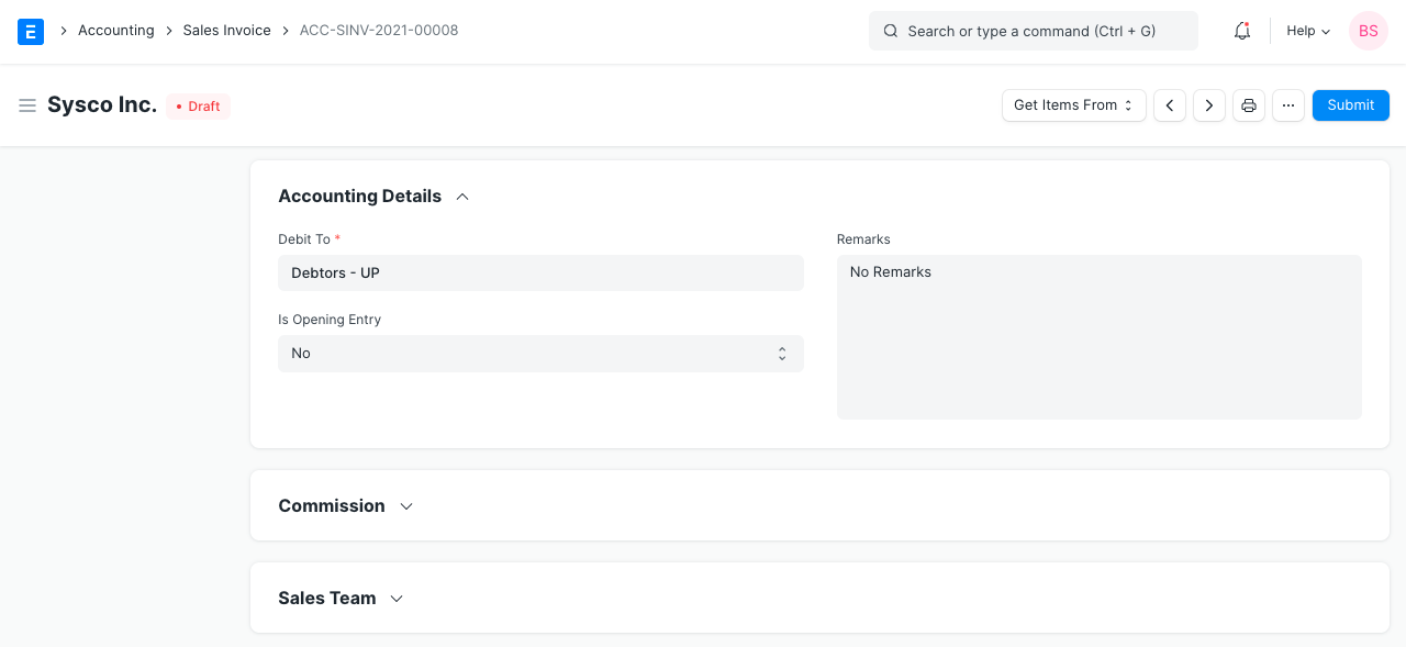 accounting details in sales invoice