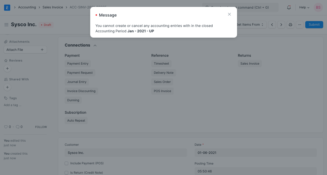 accounting period closed for transaction