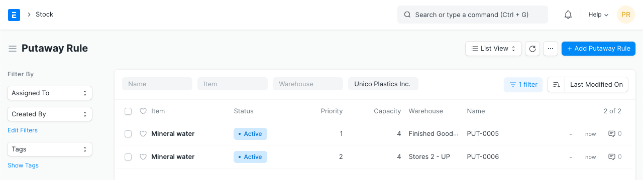 active putaway rules list