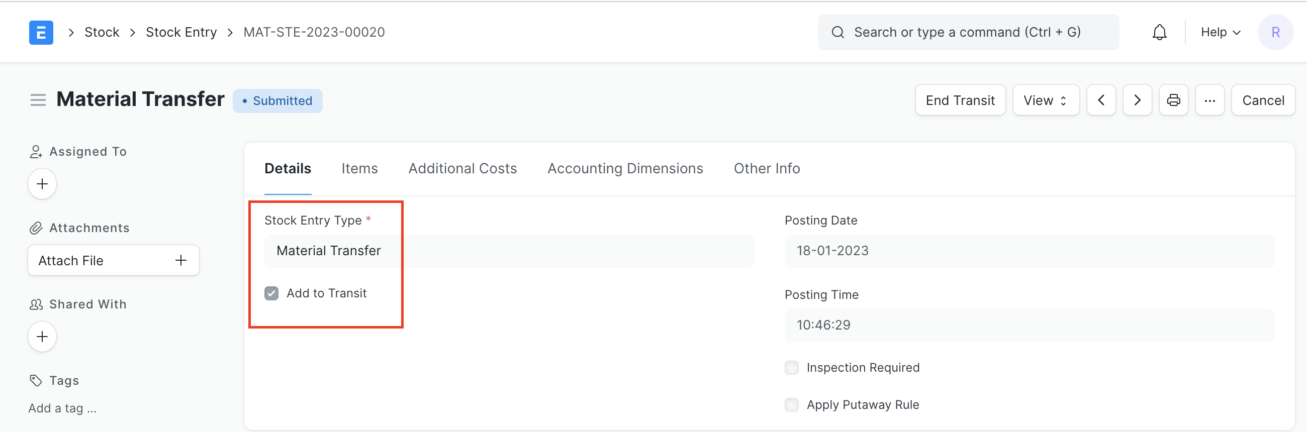 add to transit entry