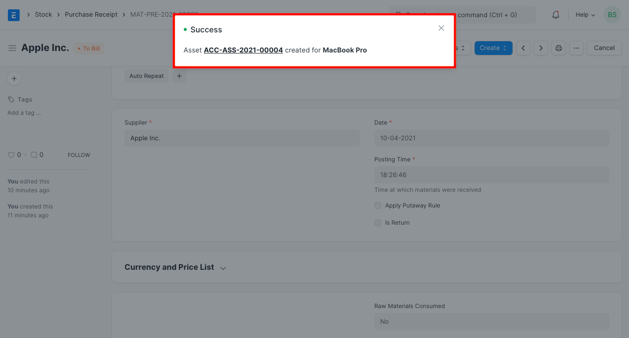 asset auto create on purchase