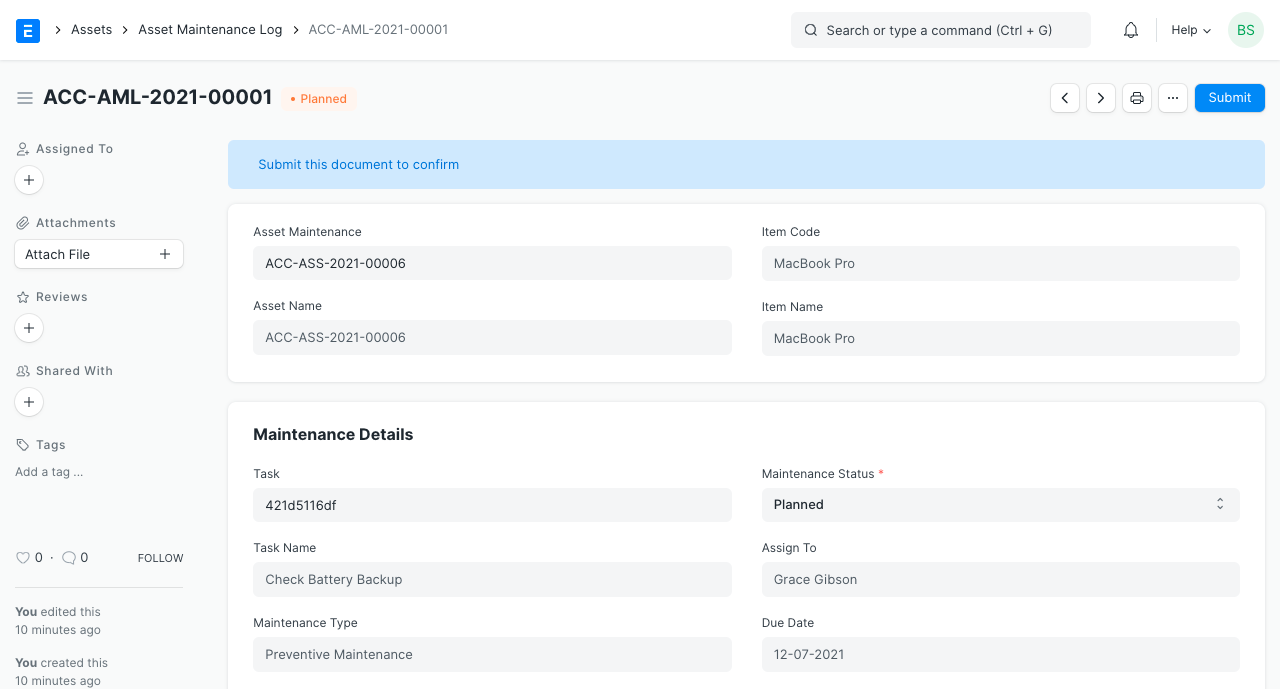 asset maintenance log