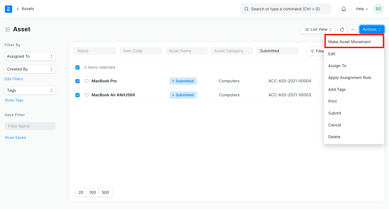 asset movement using button