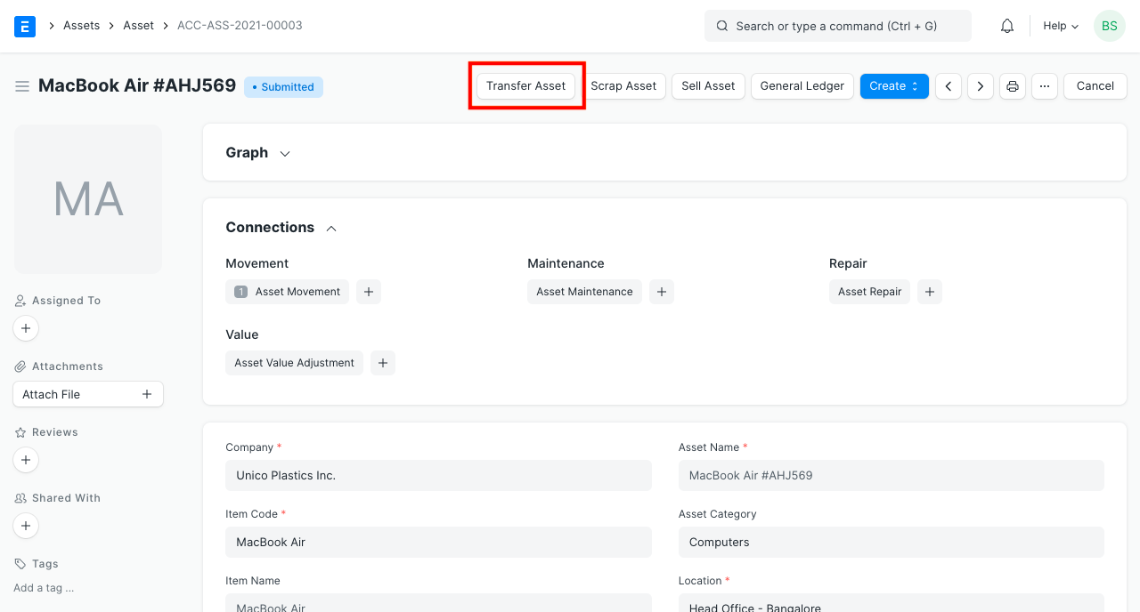 asset movement using transfer asset button