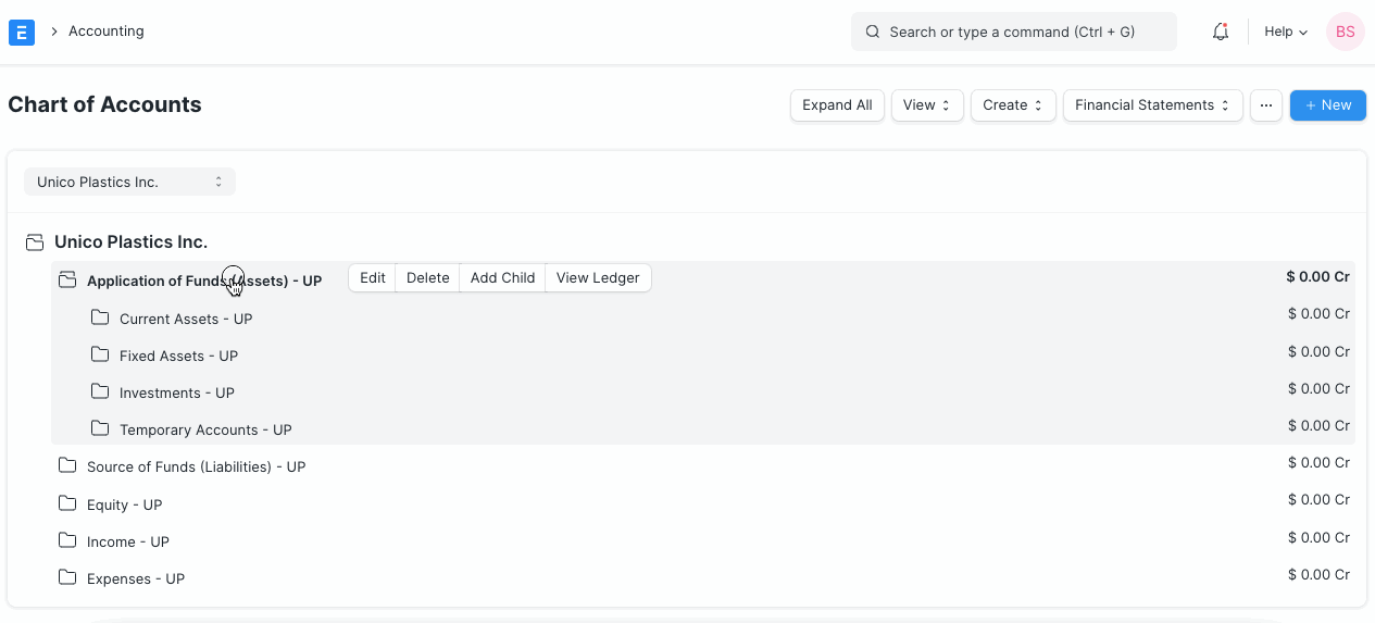 chart of accounts add