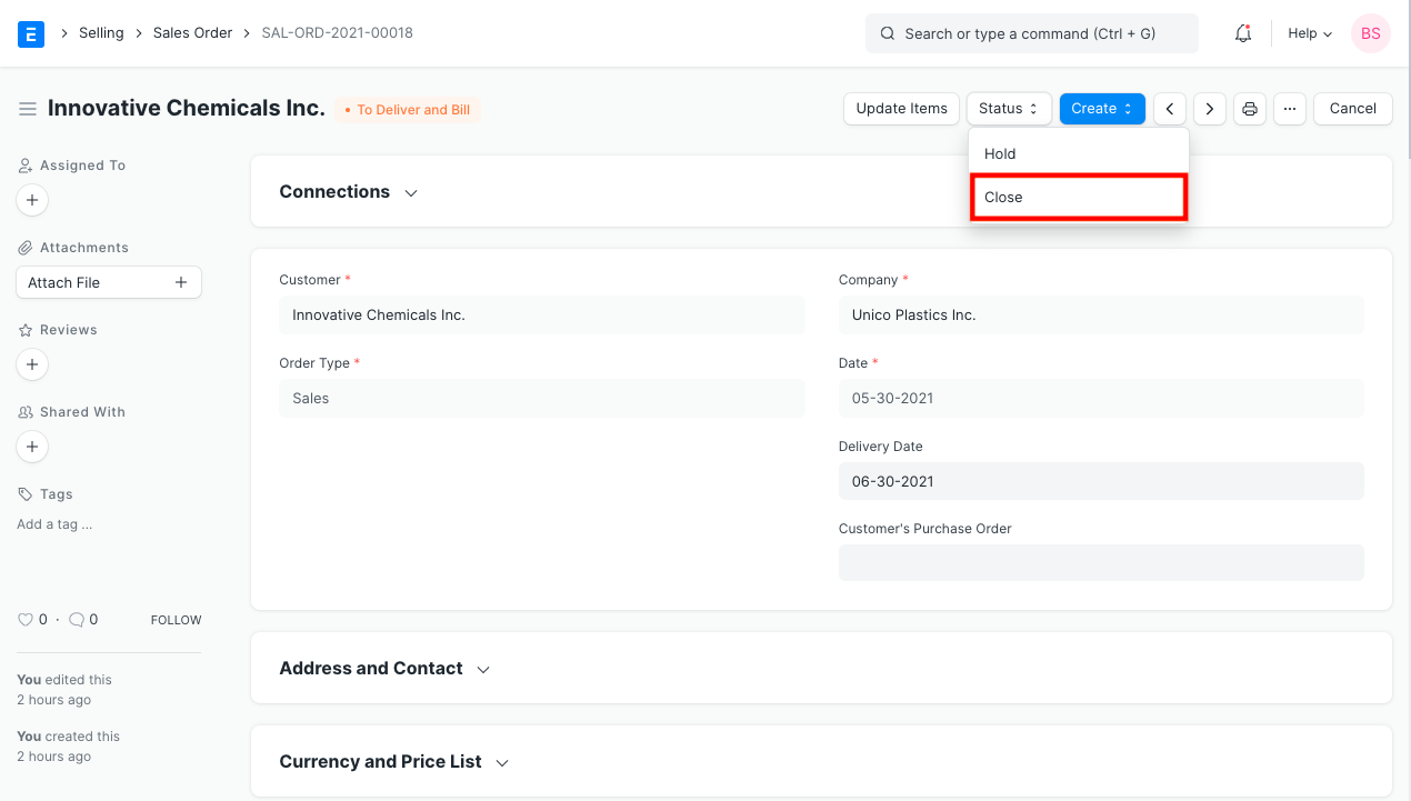 close option in sales order