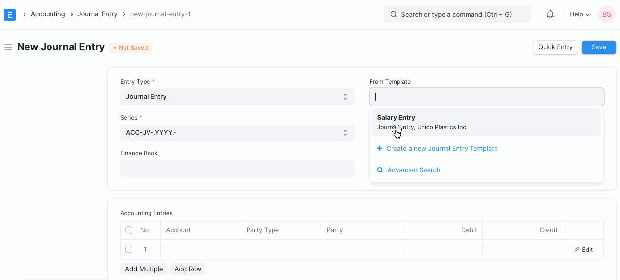 create journal entry from template