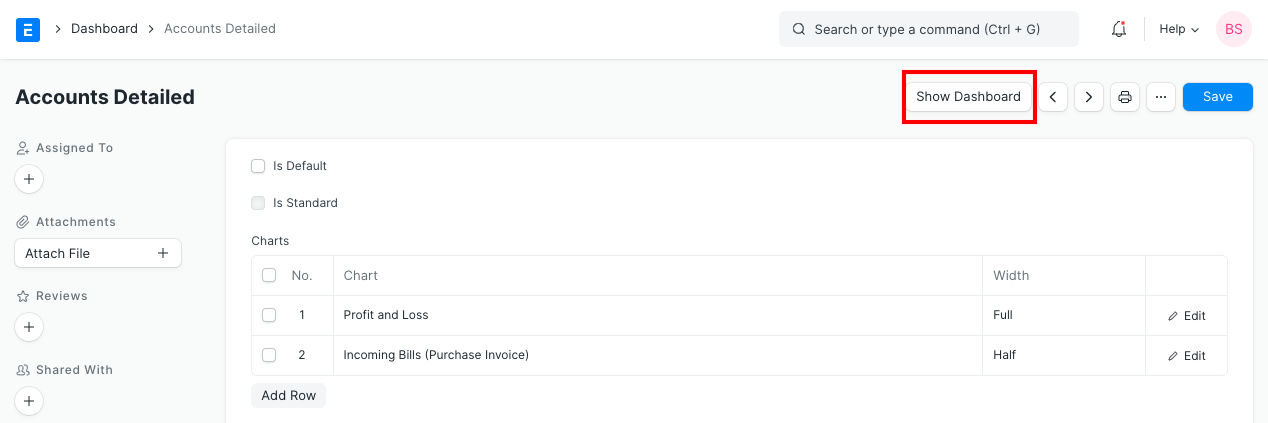 dashboard show dashboard button