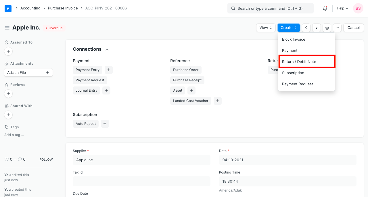debit note from purchase invoice