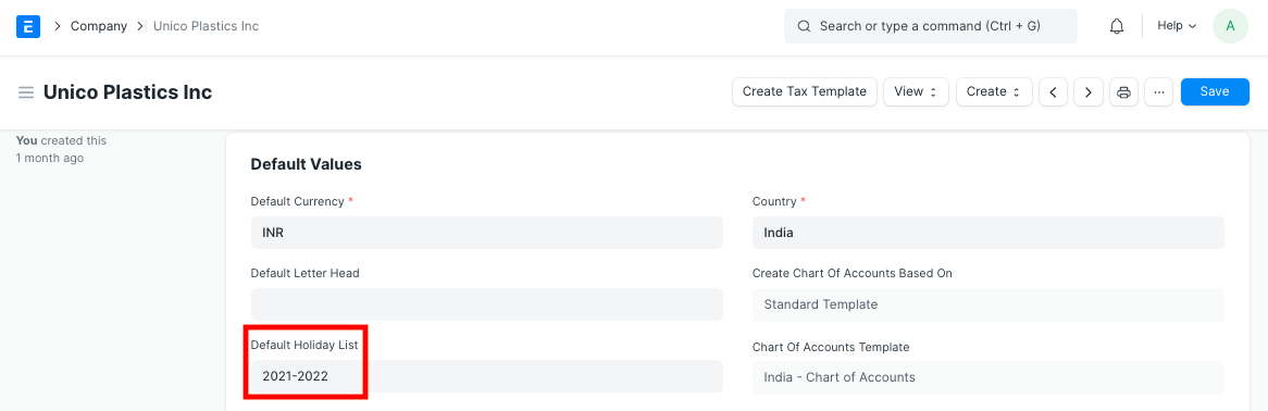 default holiday list company