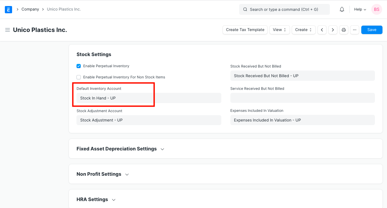 default inventory account in company