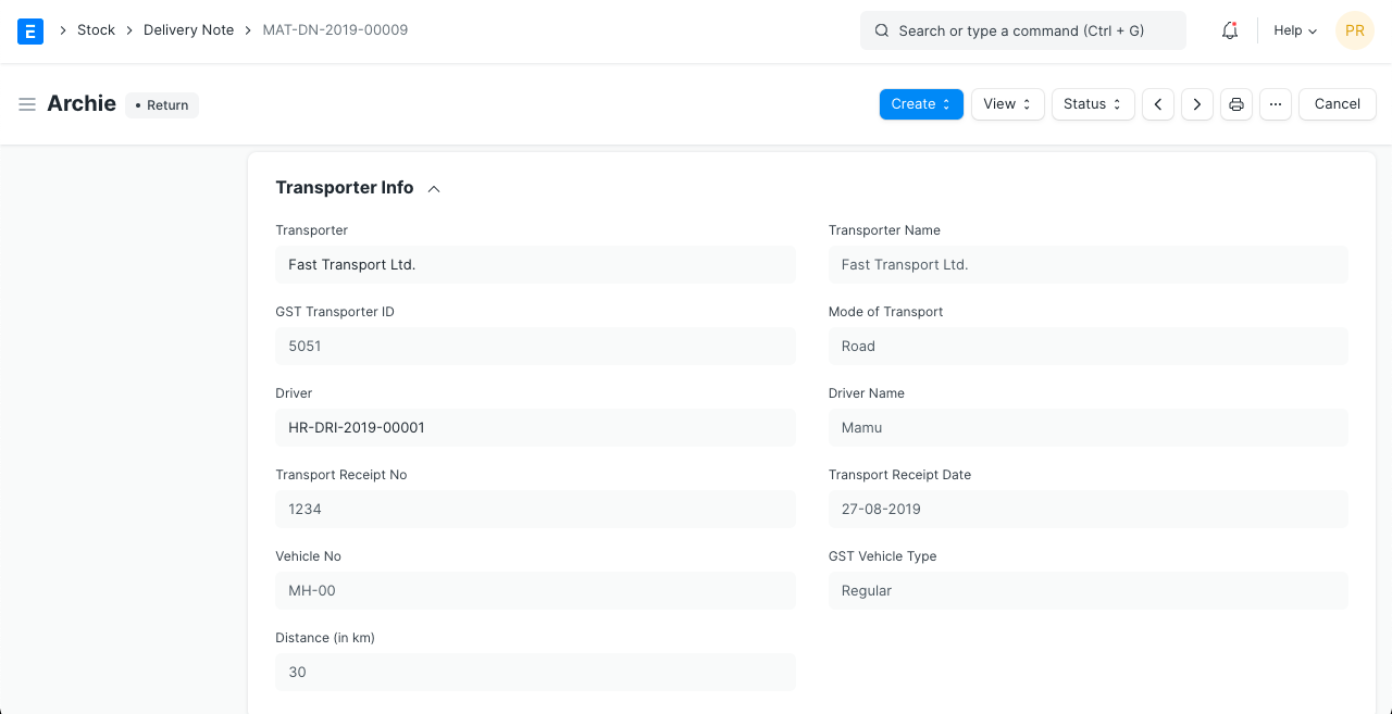 delivery note transport