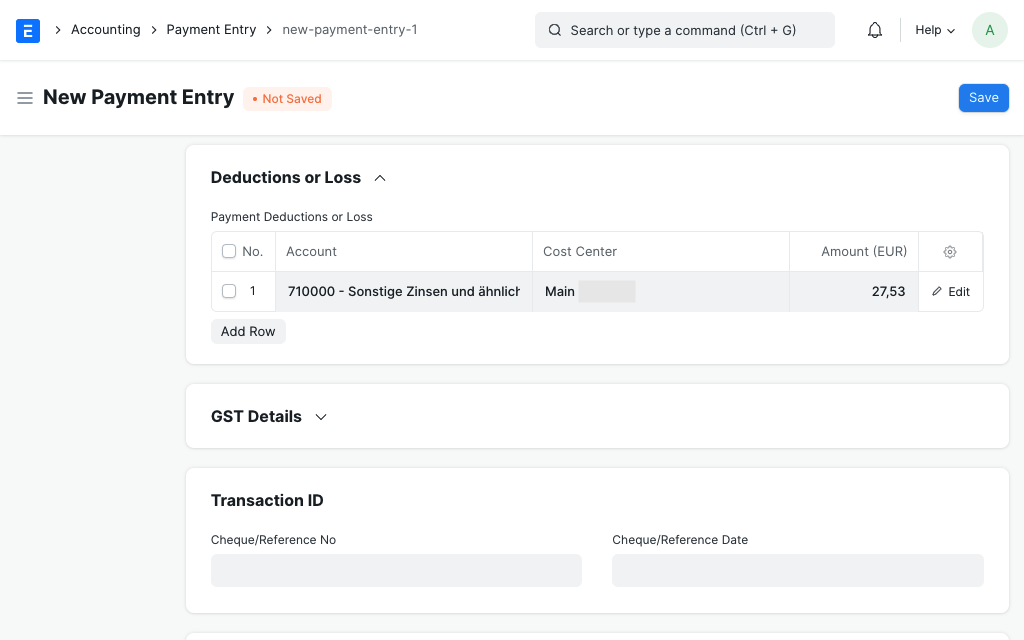 dunning payment entry