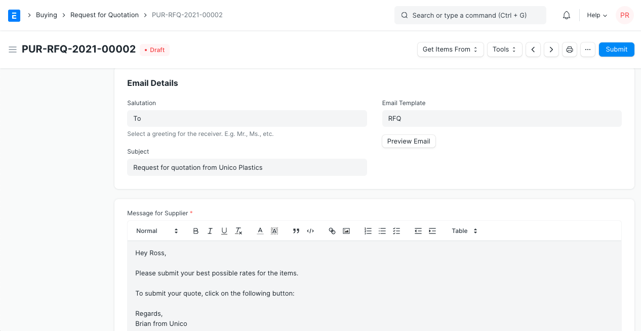 email details section