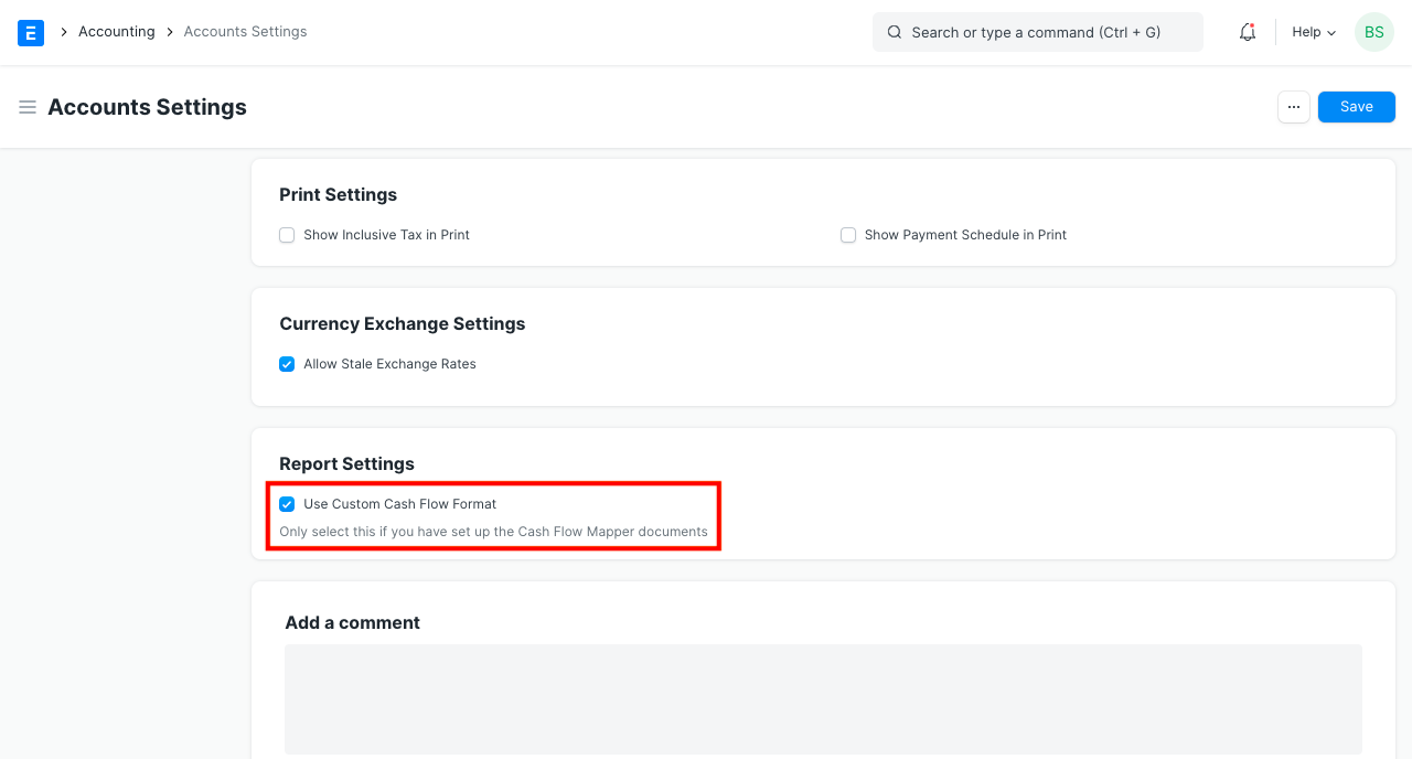 enable custom cash flow