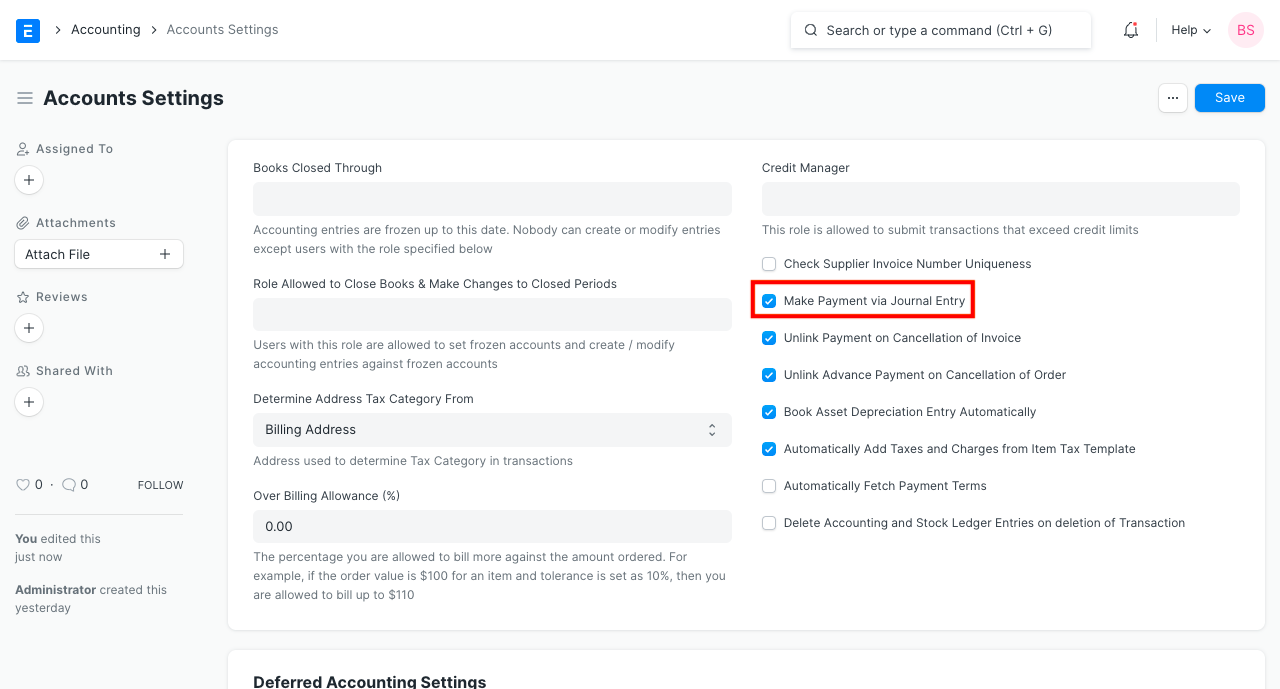 enable payment entry via journal entry
