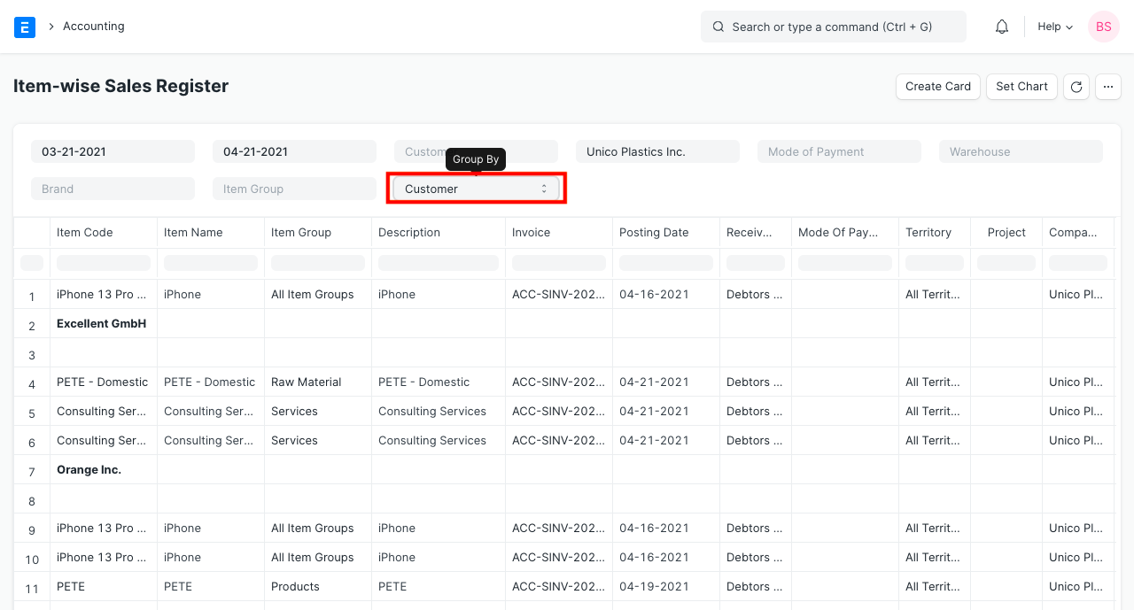 group by sales register