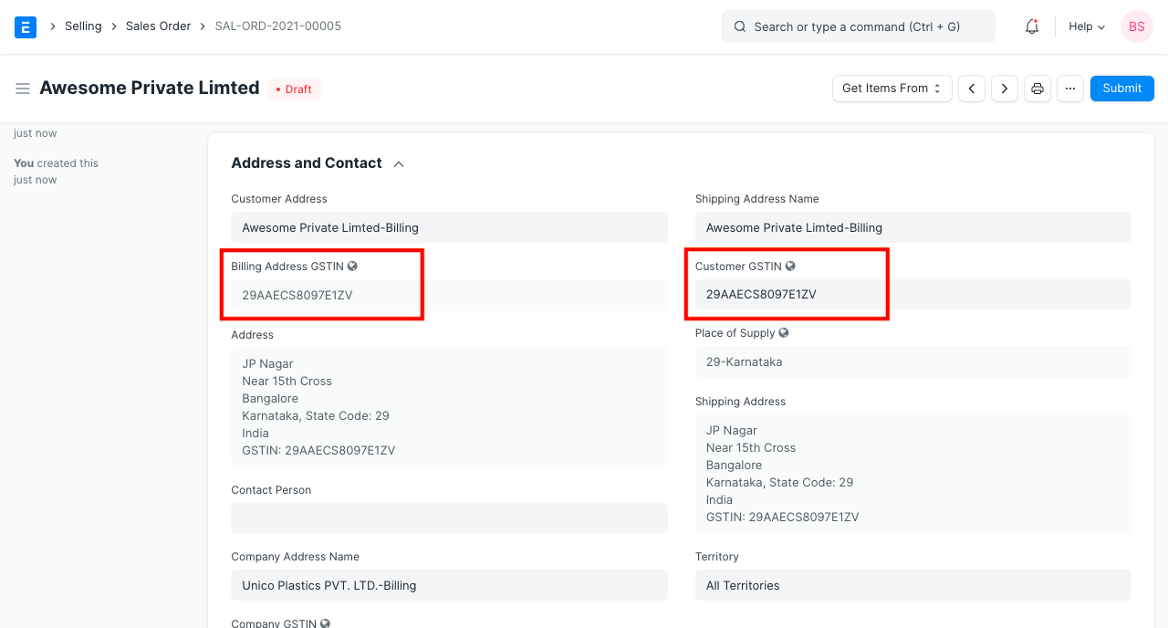 gst details in sales order