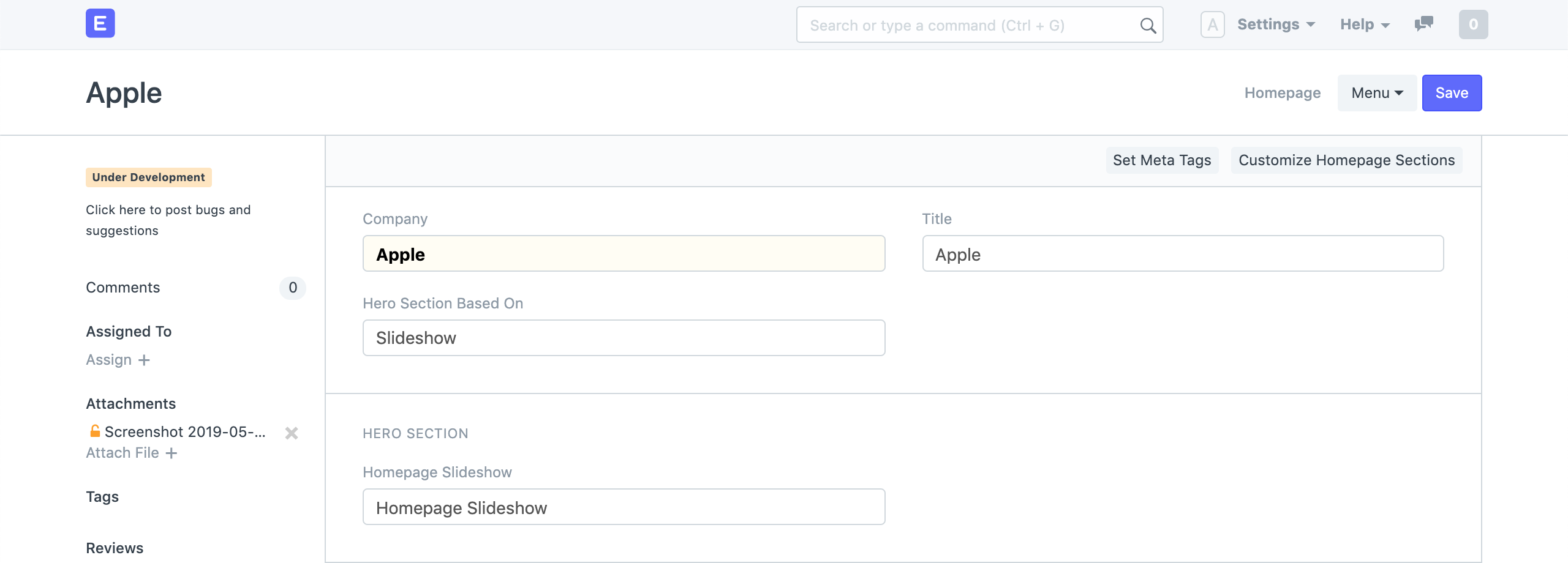 homepage slideshow setting