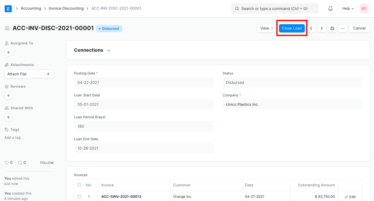 invoice discounting close loan