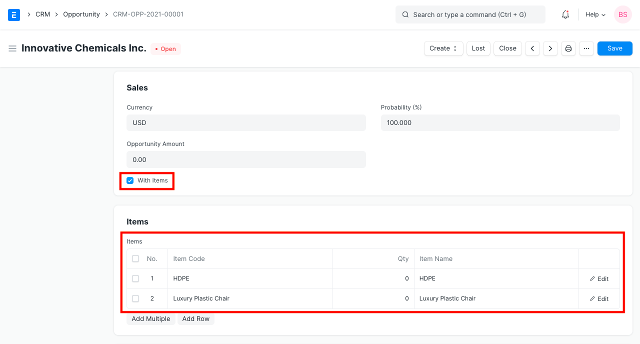 item details in opportunity