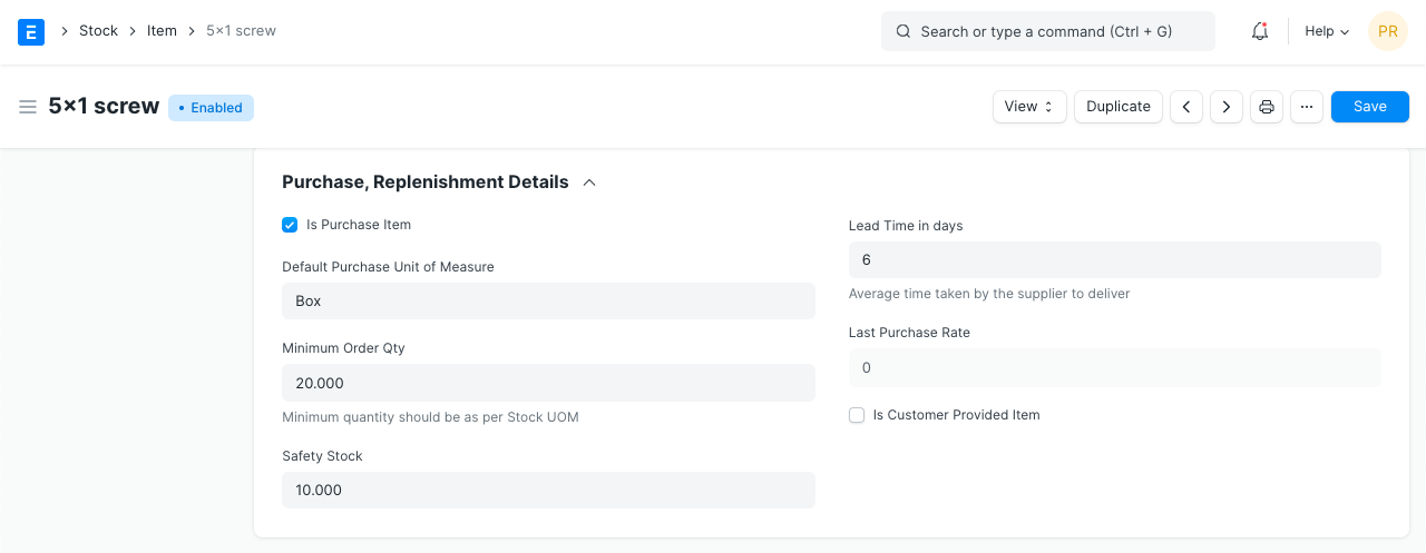 item purchase details