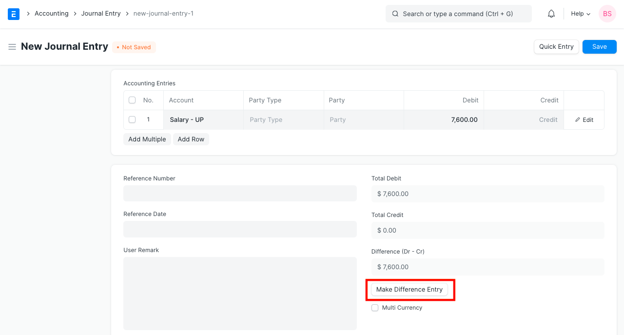 journal entry make difference entry