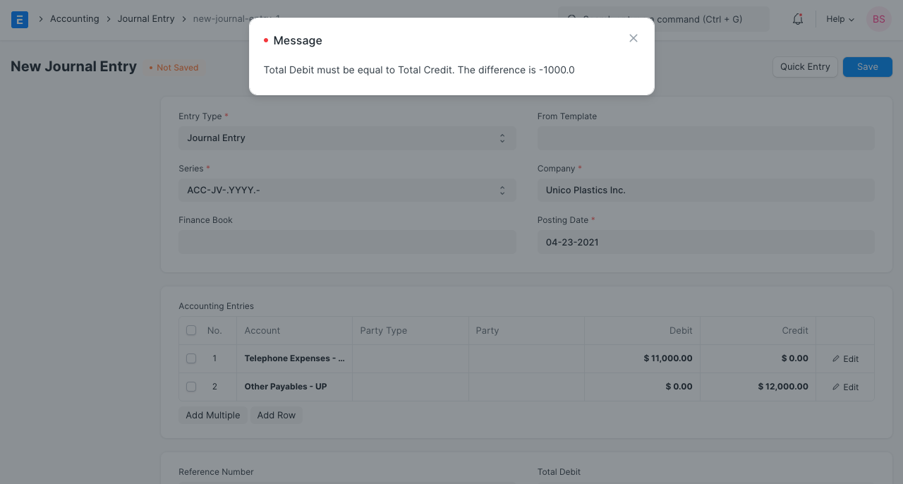 journal entry message