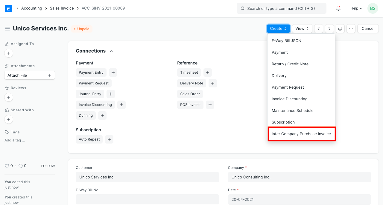 make inter company invoice