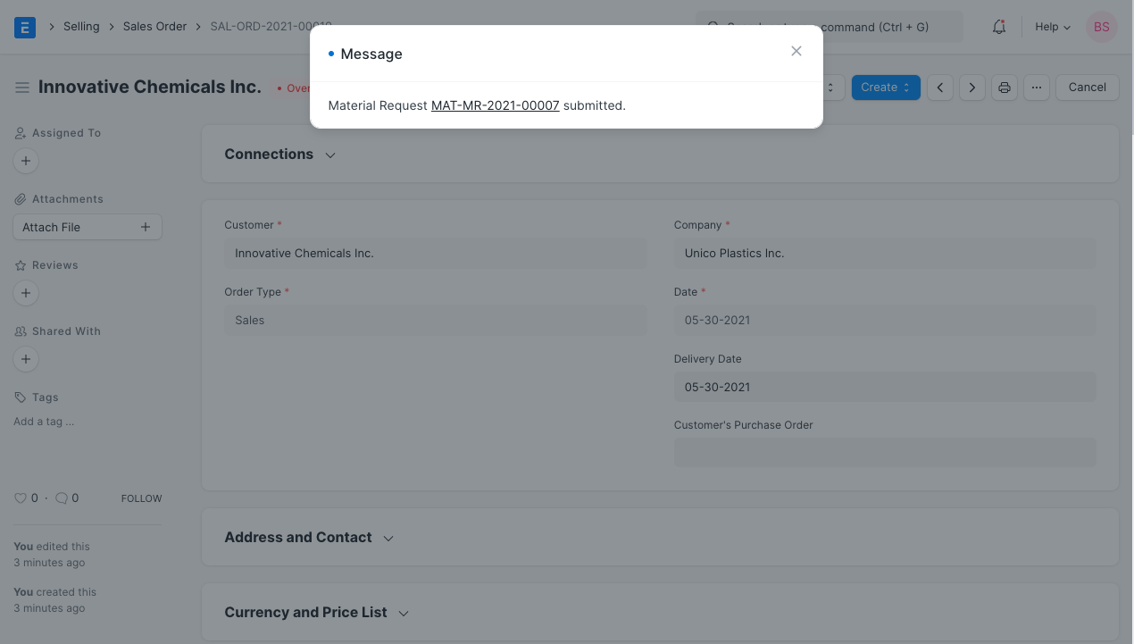 material request submitted