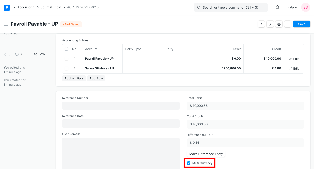multi currency journal entry