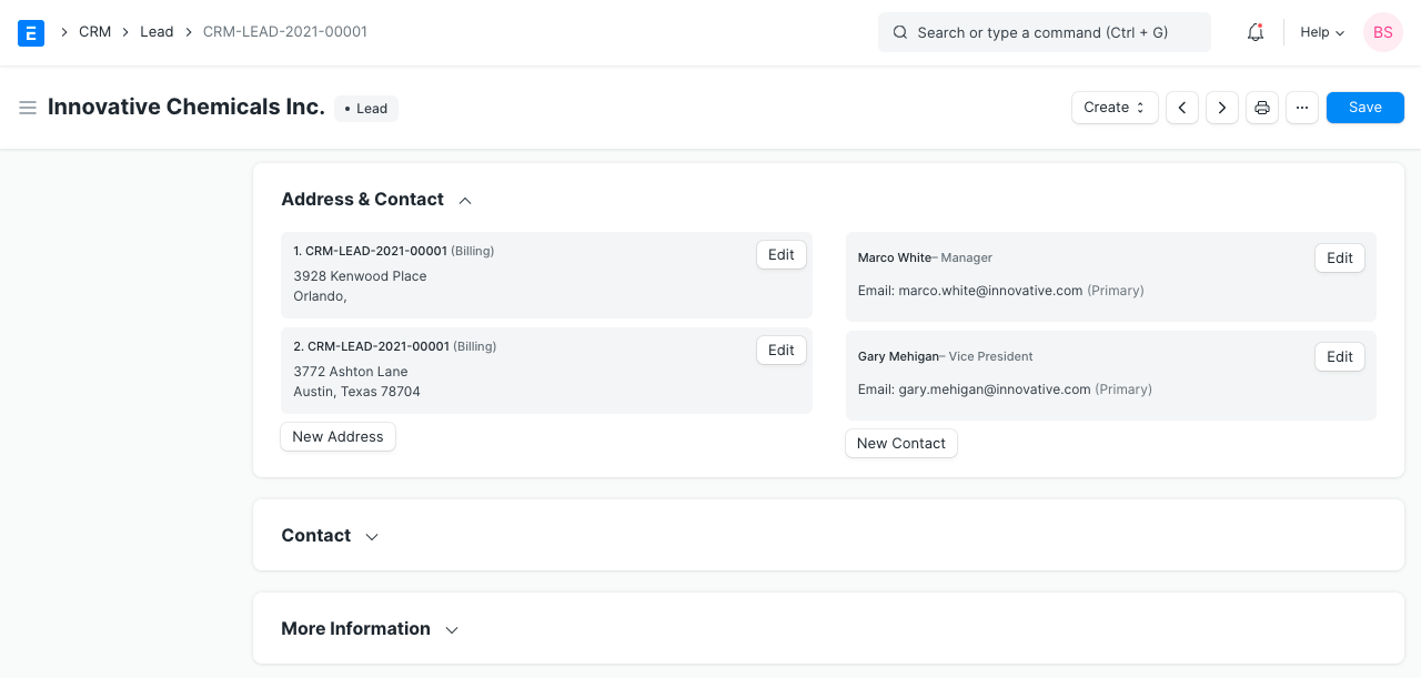 multiple addresses and contacts in lead