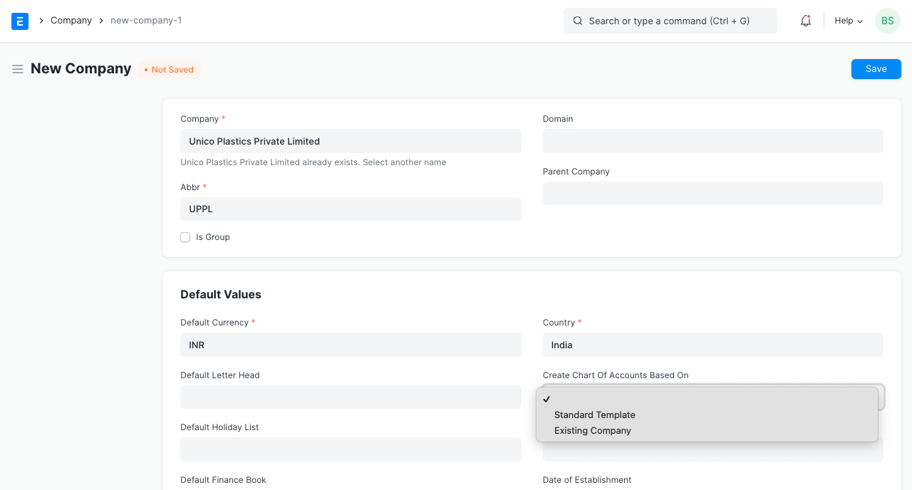 new company coa based on