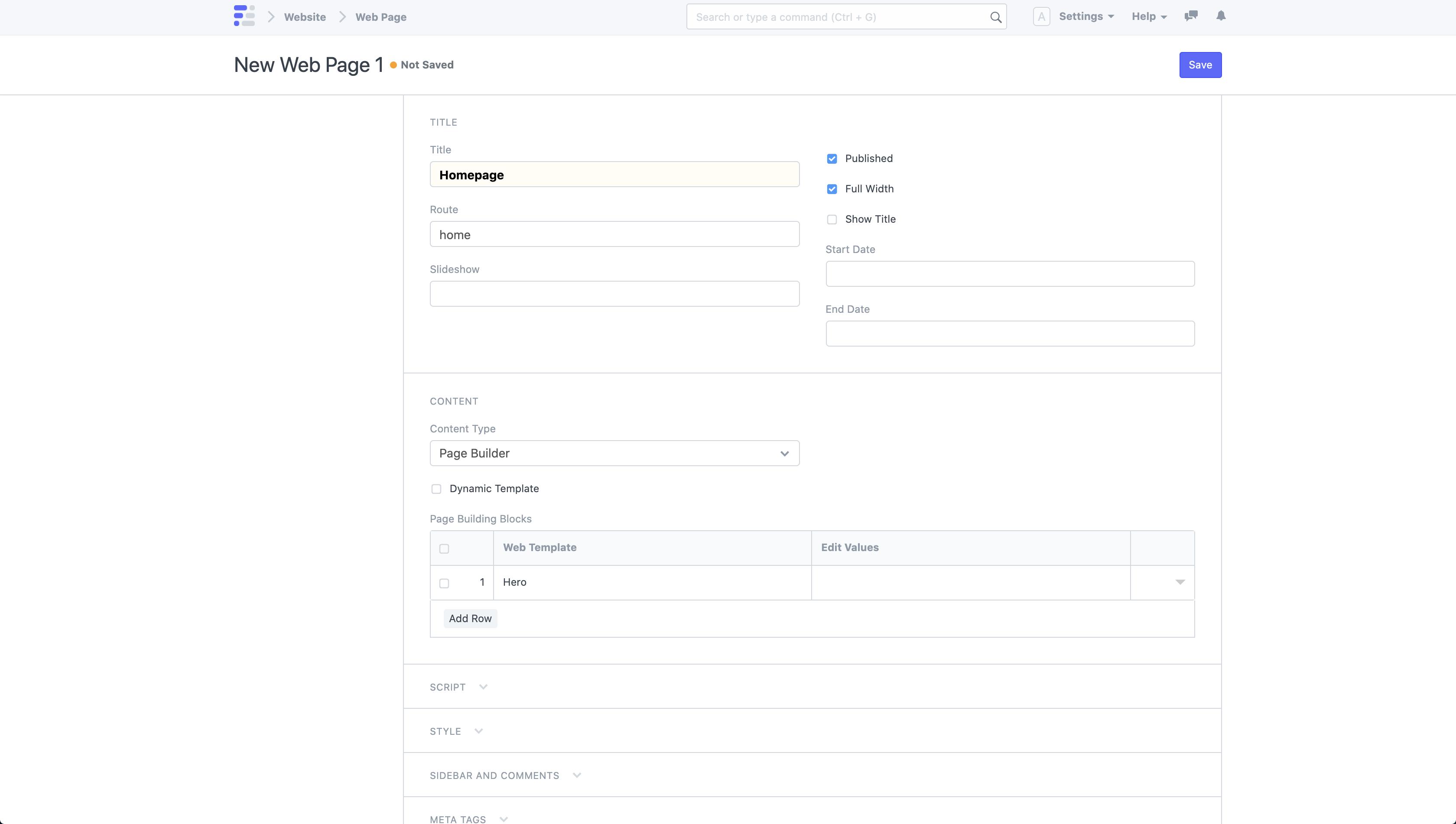 new web page with page builder