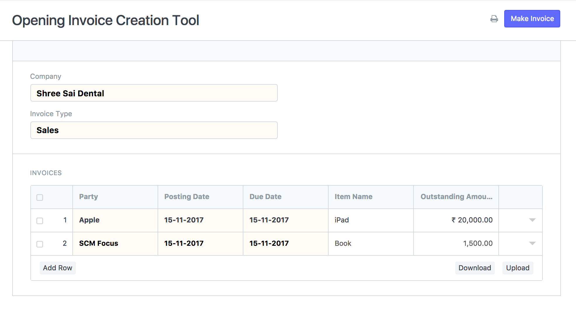 opening invoice creation tool