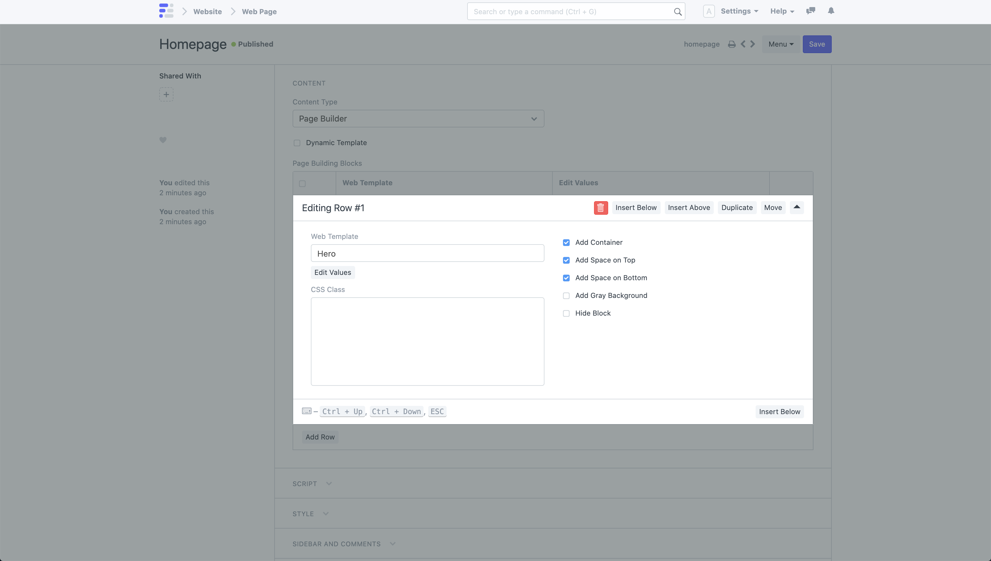 page builder section options