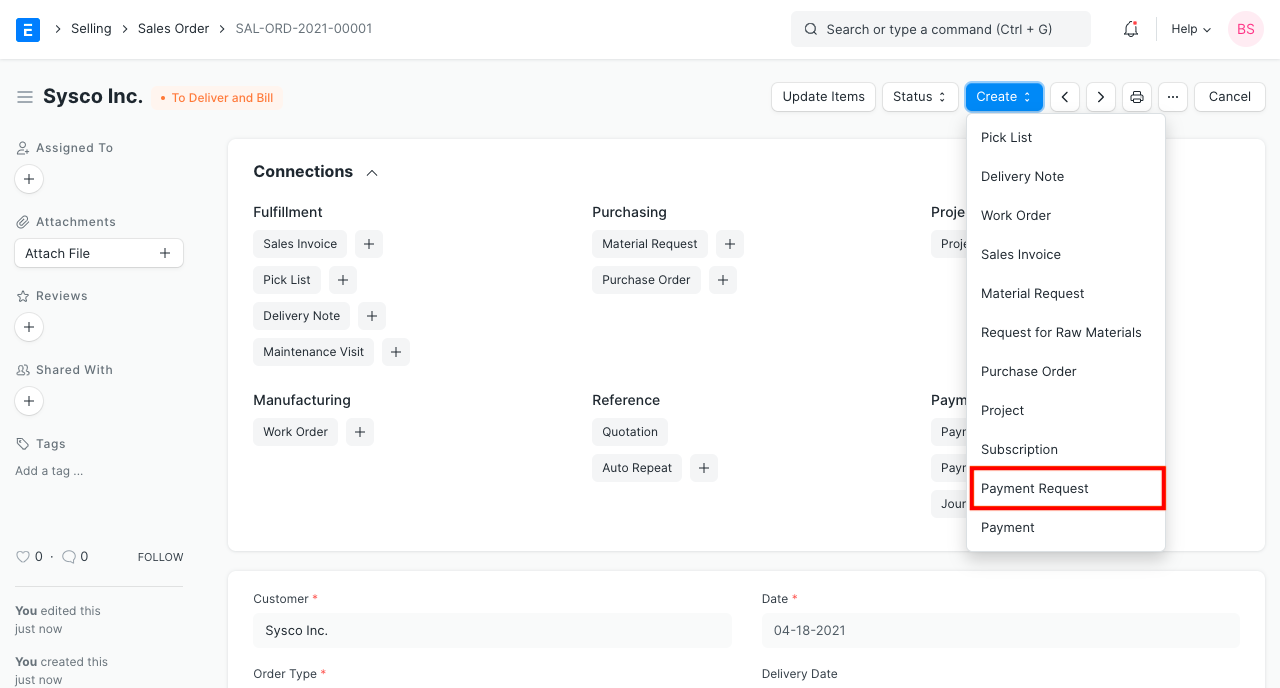 payment request from sales order