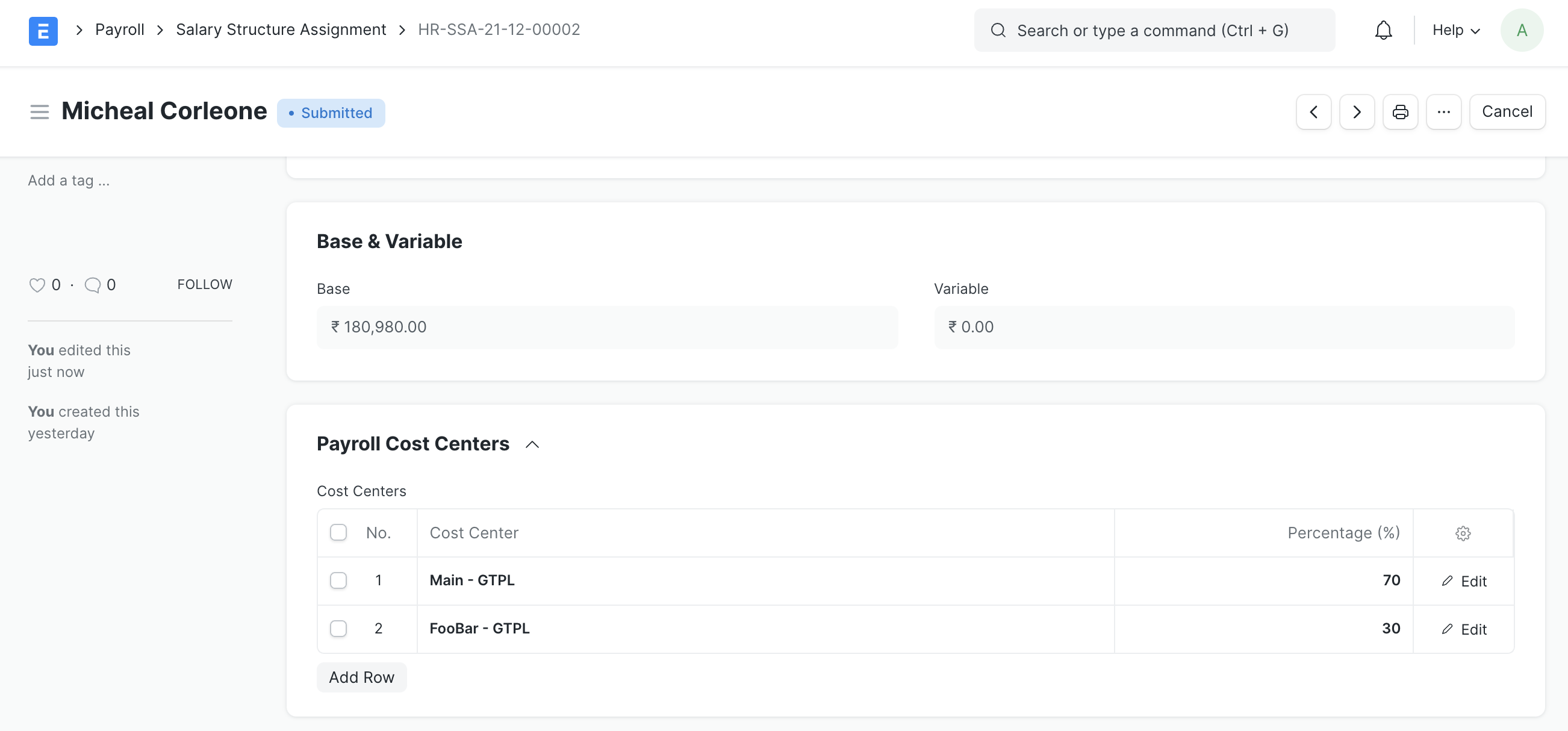 payroll cost centres