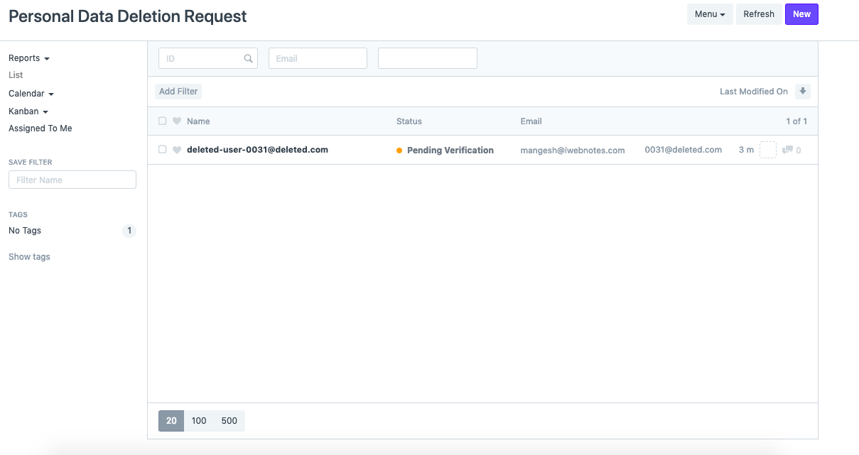 personal data deletion request doctype