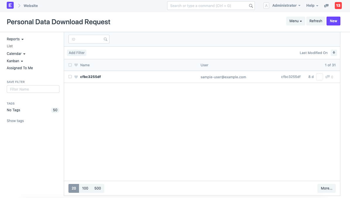 personal data download request doctype