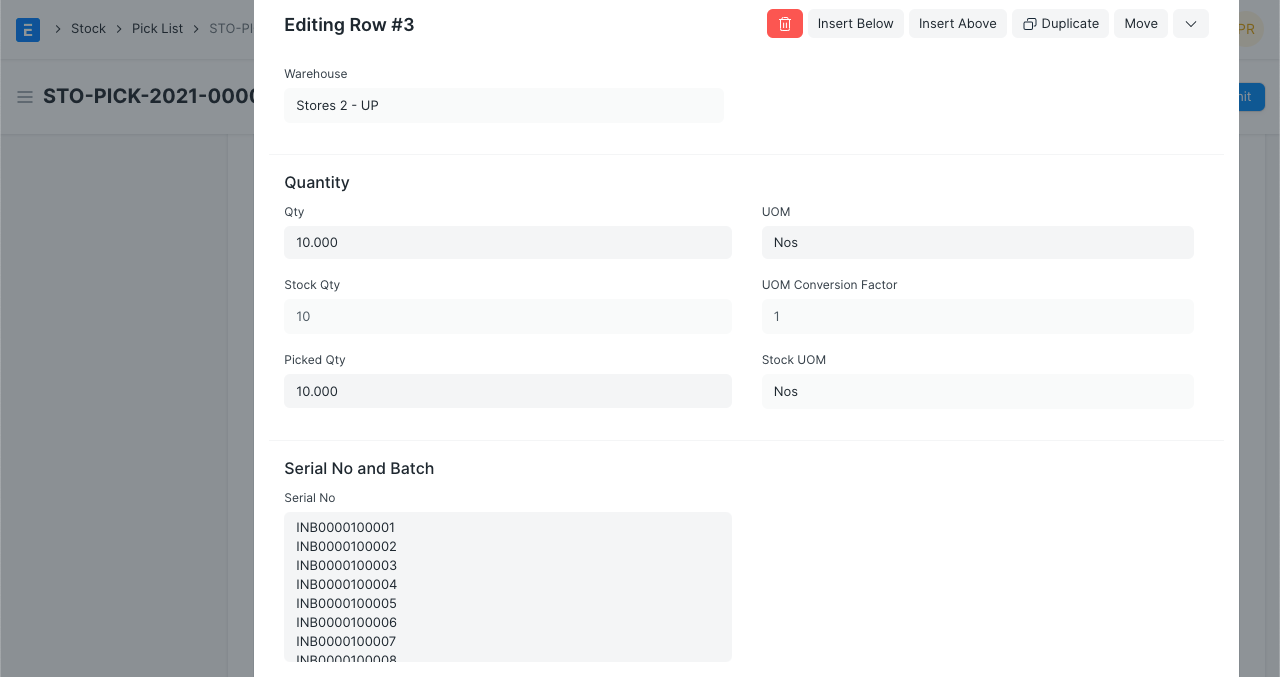 pick list item location detail