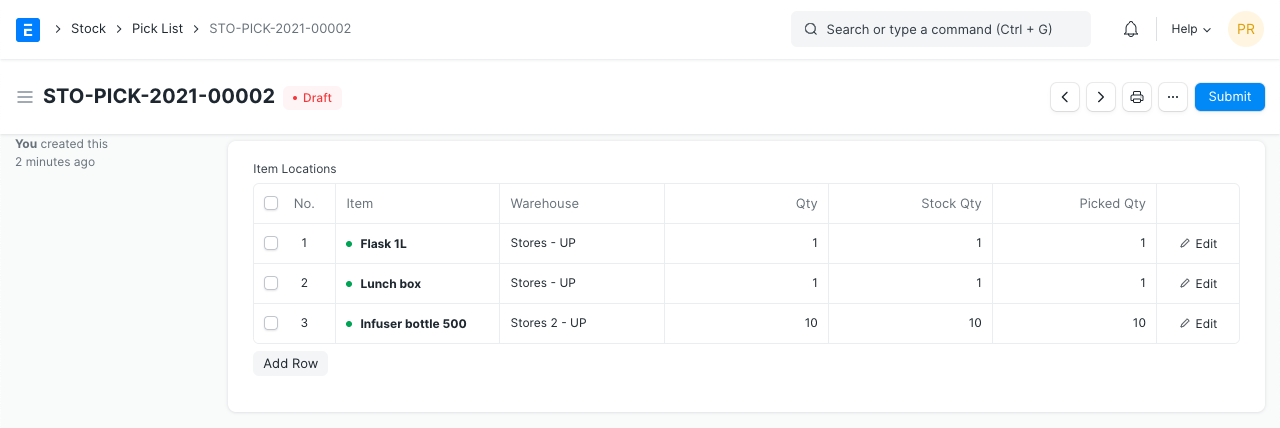 pick list item locations