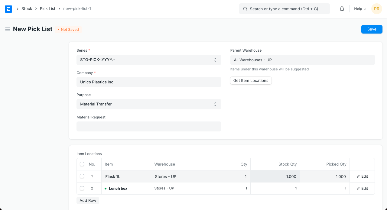 pick list unsaved doc