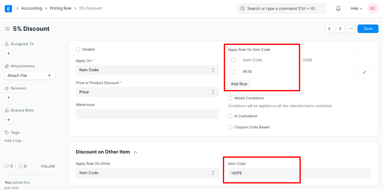 pricing rule on other item