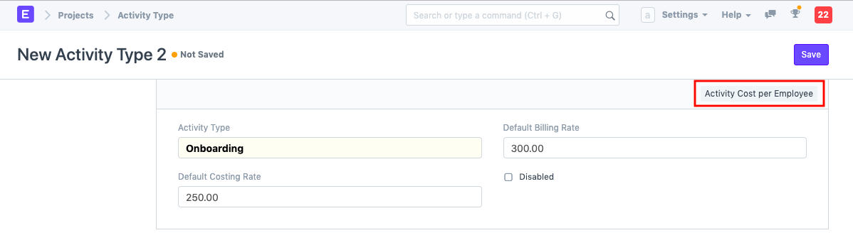 projects activity cost activity type