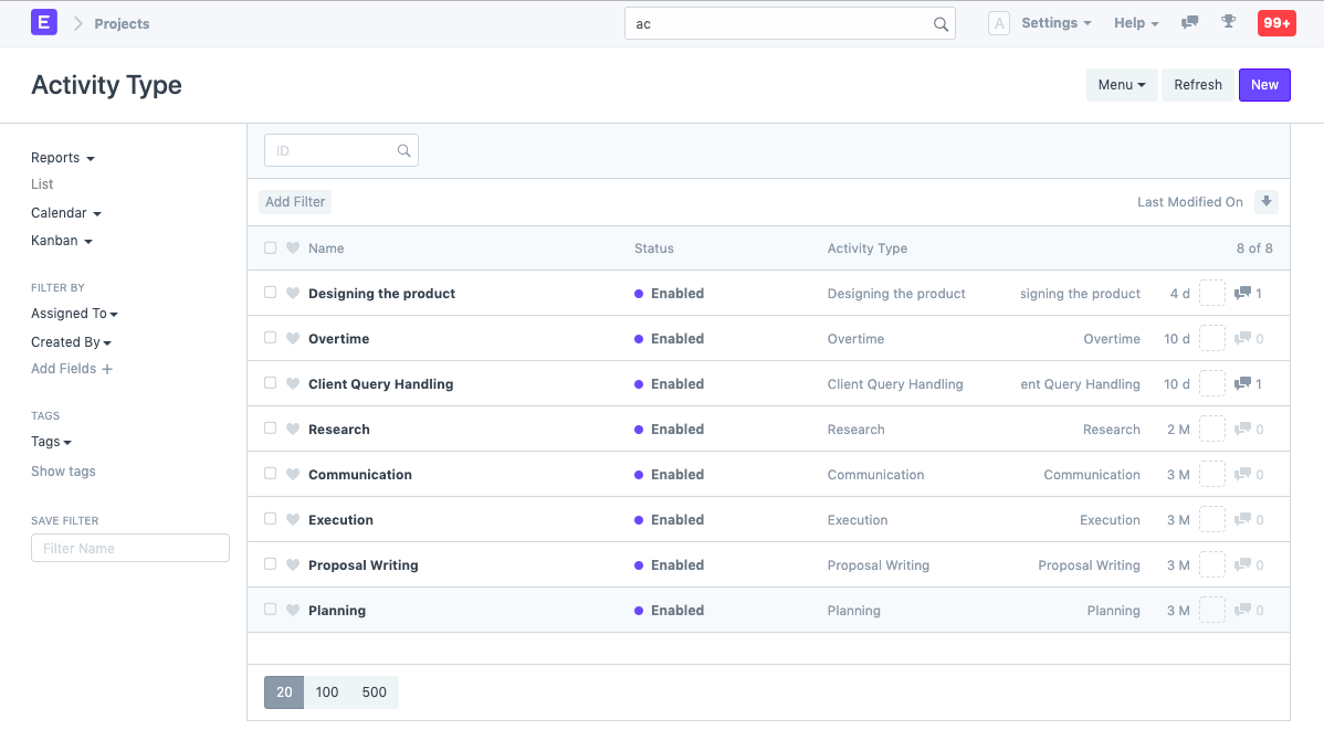 projects activity type