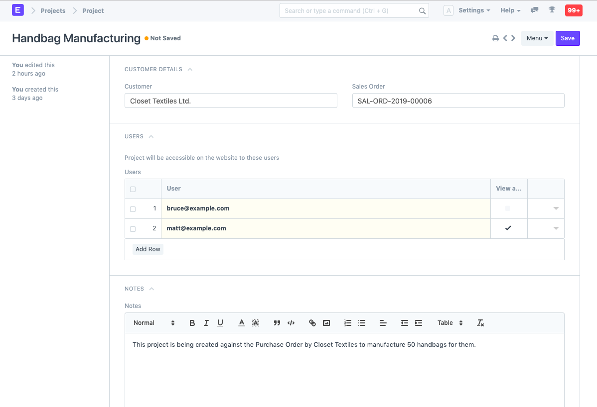 projects customer users notes