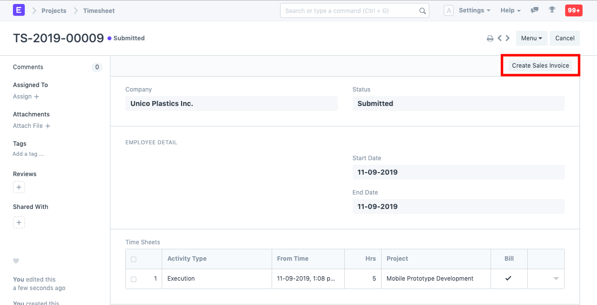 projects sales invoice from timesheet