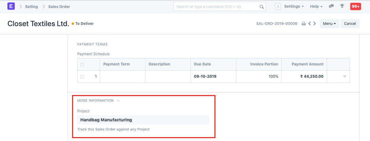 projects sales order