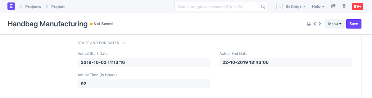 projects start time end time